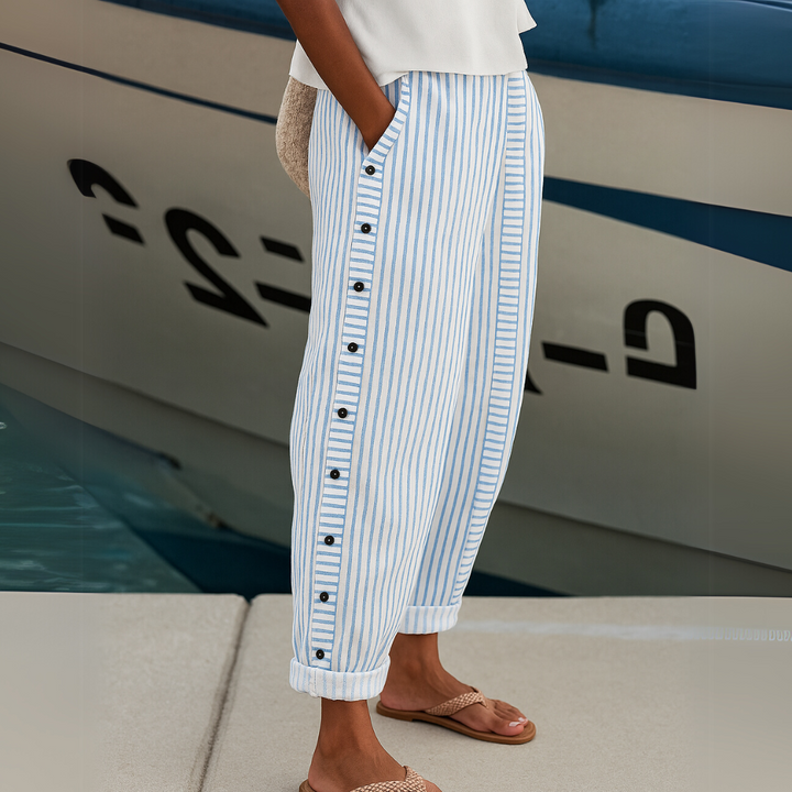 Caitlin - High Waisted Striped Button Front Pants