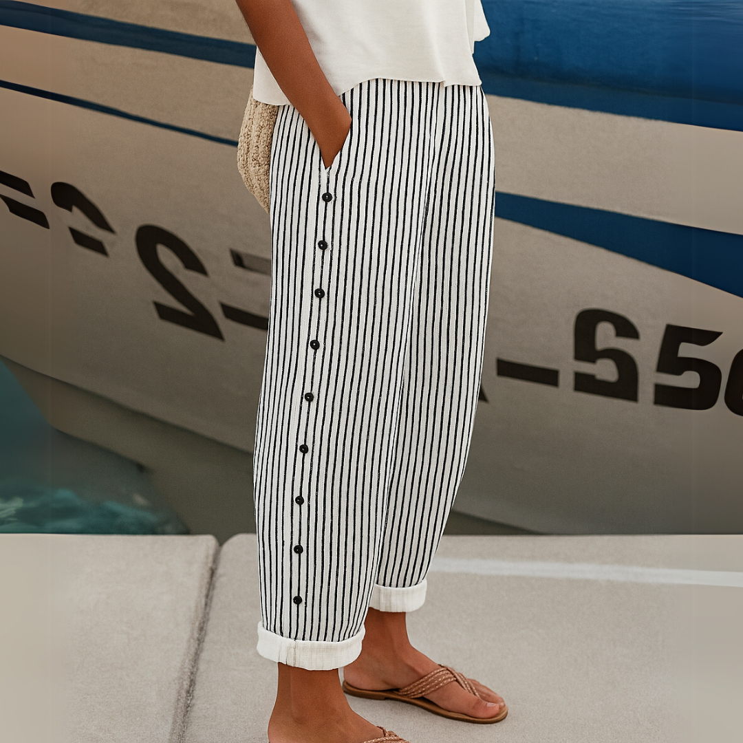 Caitlin - High Waisted Striped Button Front Pants