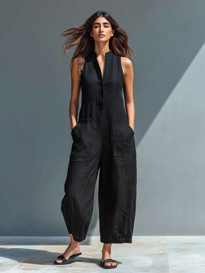 Kim | Sleeveless High Neck Button Front Jumpsuit