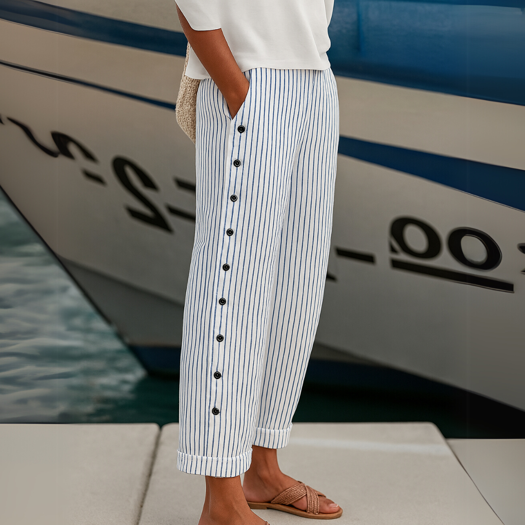 Caitlin - High Waisted Striped Button Front Pants