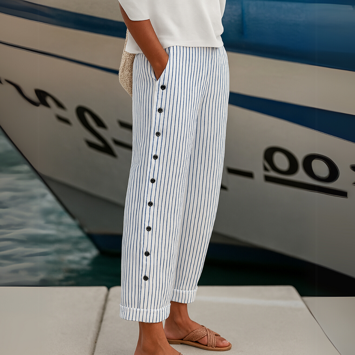 Caitlin - High Waisted Striped Button Front Pants