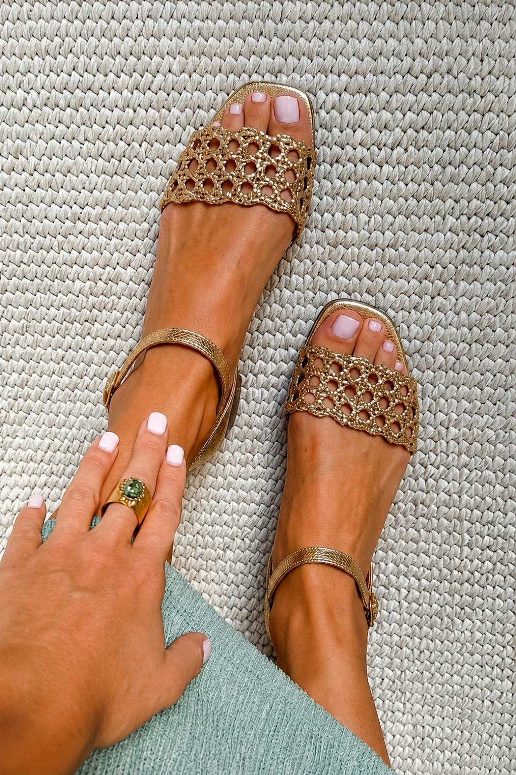 Deborah | Gold Cutout Sandals with Ankle Buckle