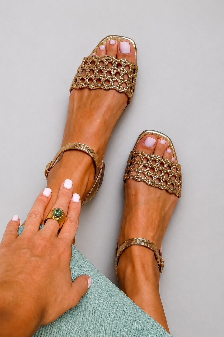 Deborah | Gold Cutout Sandals with Ankle Buckle