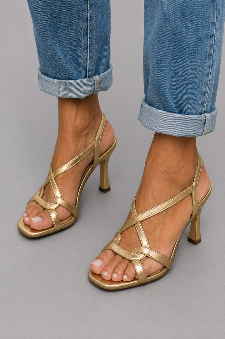 Cynthia | Crossover Heeled Sandals in Gold