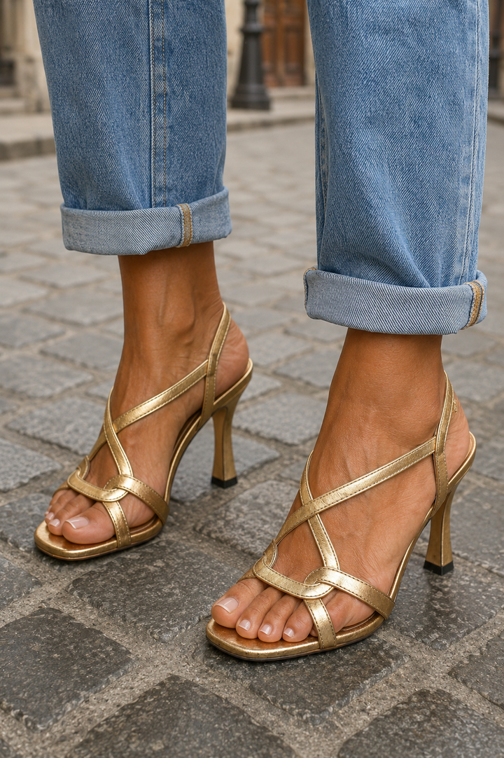 Cynthia | Crossover Heeled Sandals in Gold