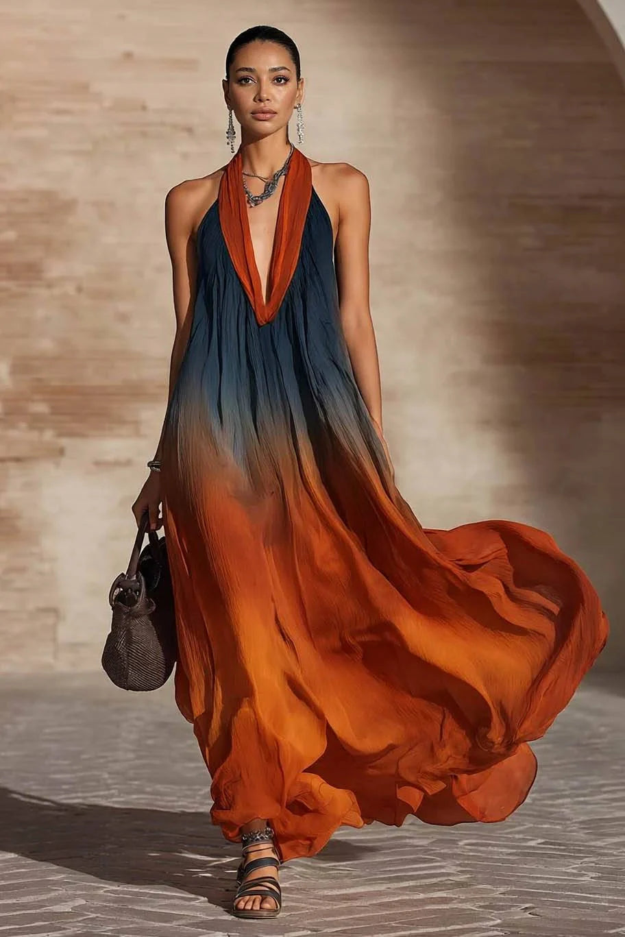 Nikki- Halter V-Neck Ombre Maxi Dress