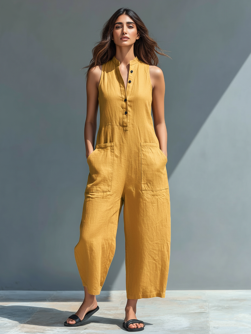 Kim | Sleeveless High Neck Button Front Jumpsuit