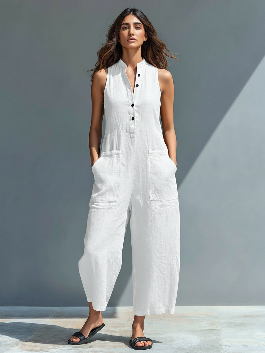 Kim | Sleeveless High Neck Button Front Jumpsuit
