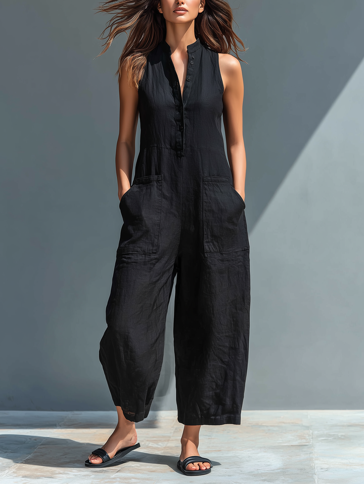 Kim | Sleeveless High Neck Button Front Jumpsuit