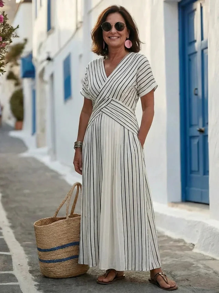 Women’s V-Neck Short Sleeve Cross Waist Midi Dress