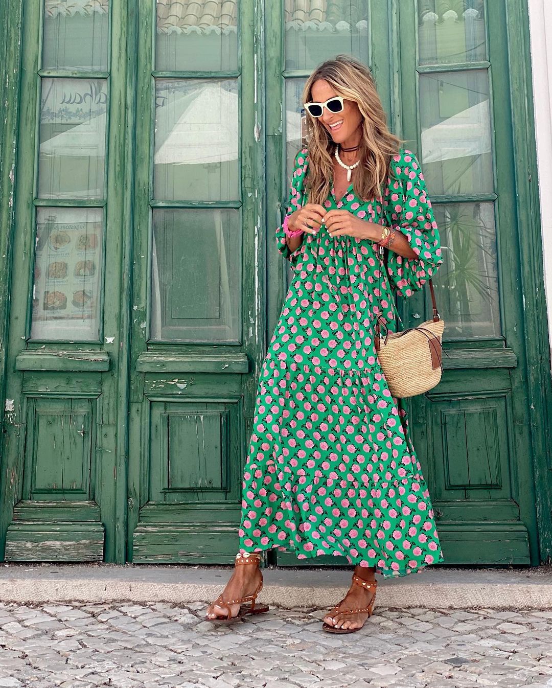 Women’s V-Neck Balloon Sleeve Tiered Midi Dress