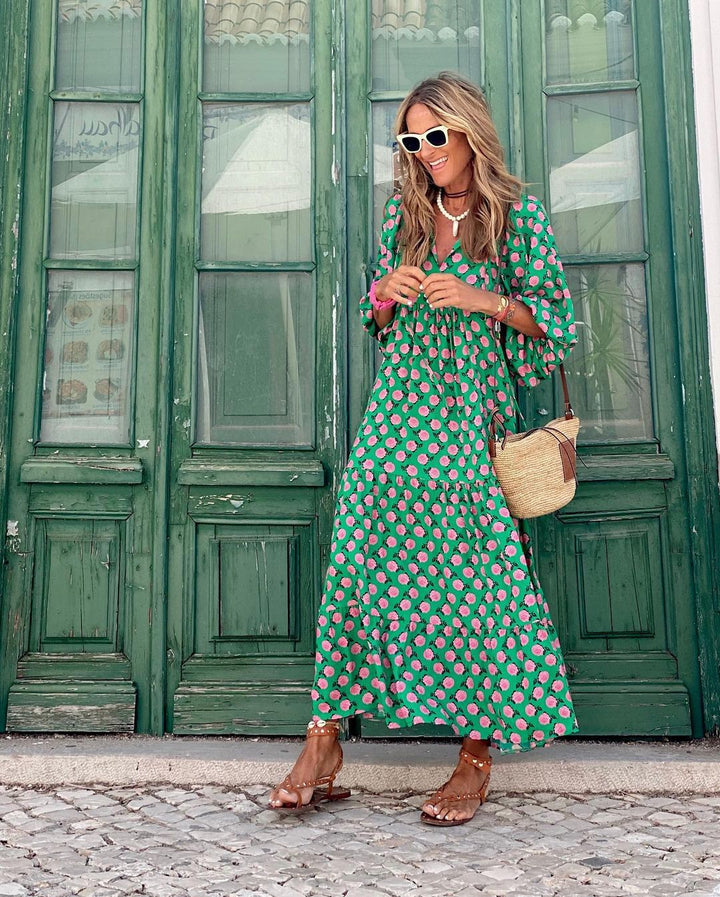 Women’s V-Neck Balloon Sleeve Tiered Midi Dress