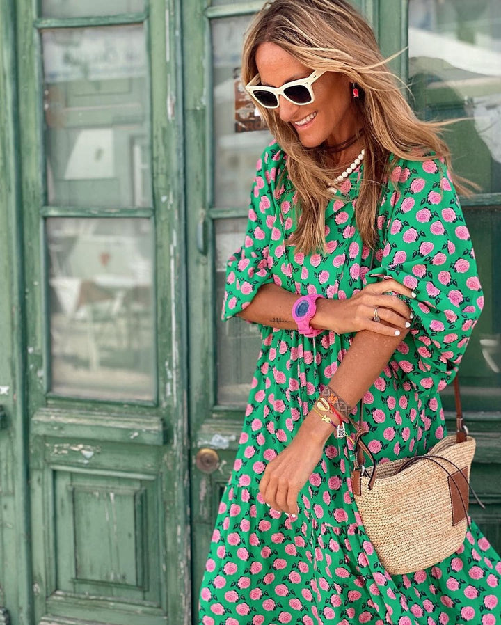 Women’s V-Neck Balloon Sleeve Tiered Midi Dress
