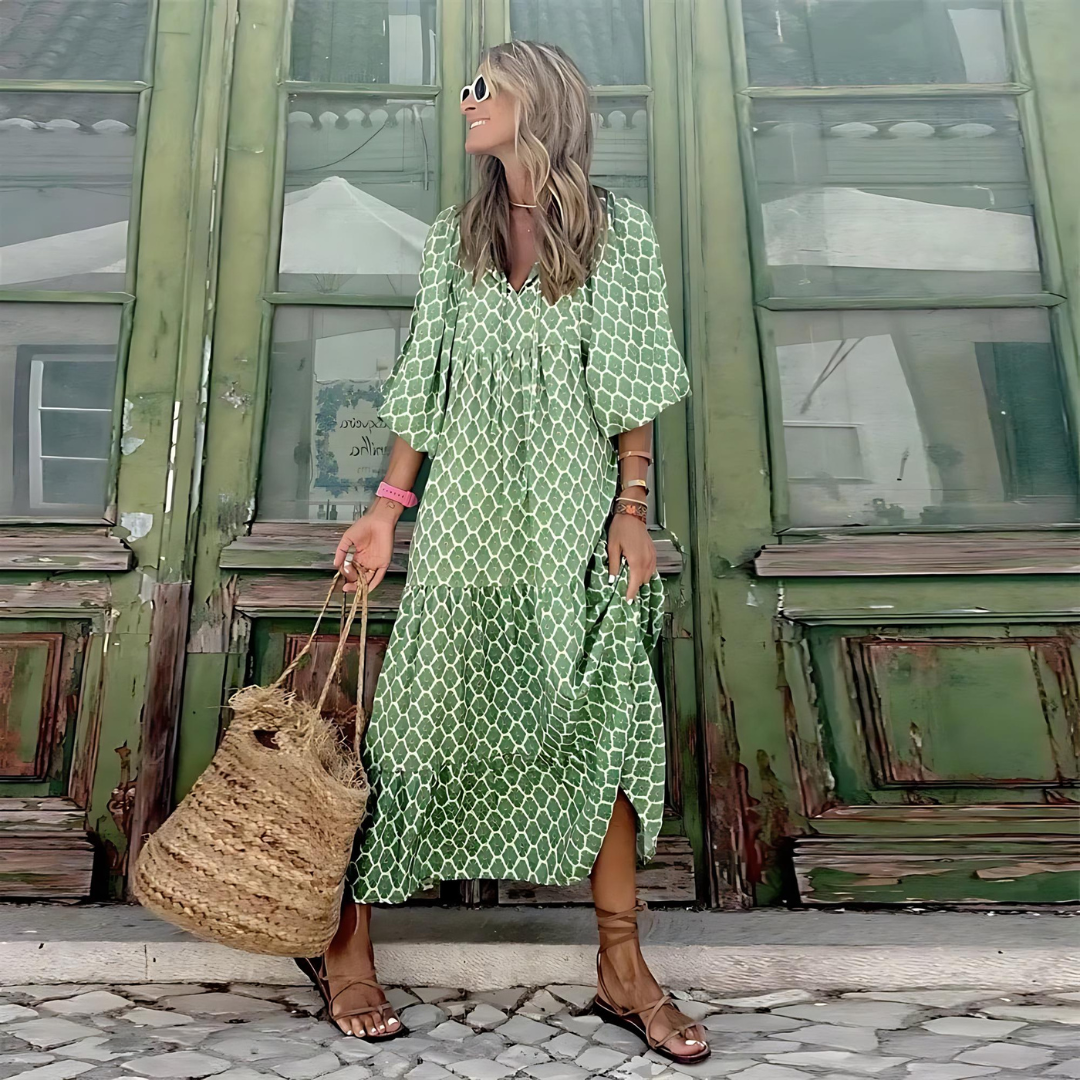 Women’s V-Neck Balloon Sleeve Tiered Midi Dress