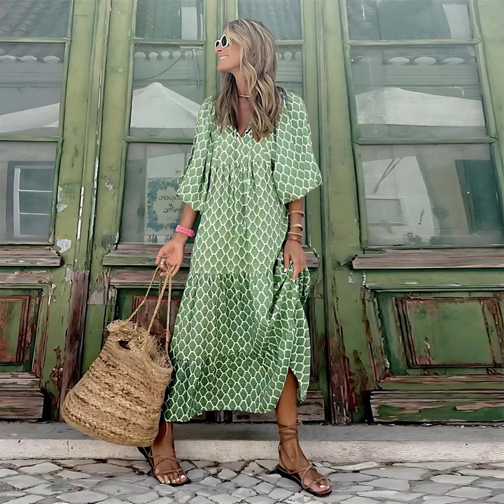 Women’s V-Neck Balloon Sleeve Tiered Midi Dress