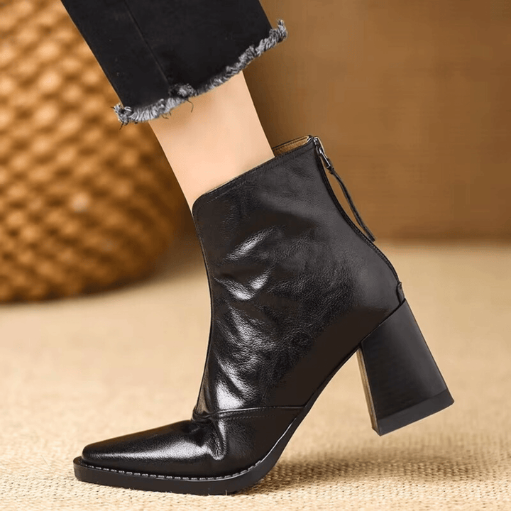 Claudia Luxe Mid-Heel Leather Ankle Boots