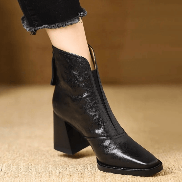 Claudia Luxe Mid-Heel Leather Ankle Boots